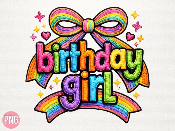 Birthday Girl Rainbow Bow Embroidery PNG