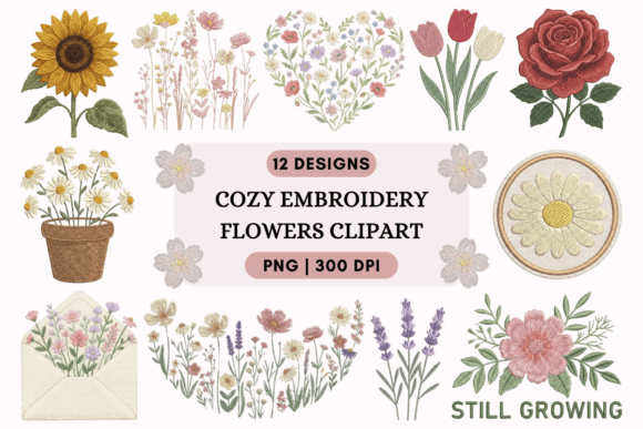 Cozy Embroidery Flowers Clipart PNG