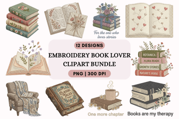Embroidery Book Lover Clipart Bundle