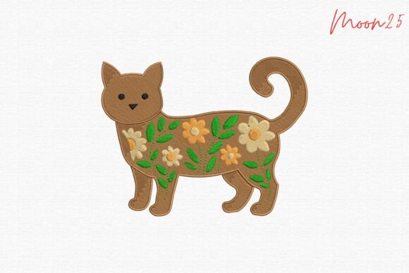 Floral Cat Embroidery Love Design
