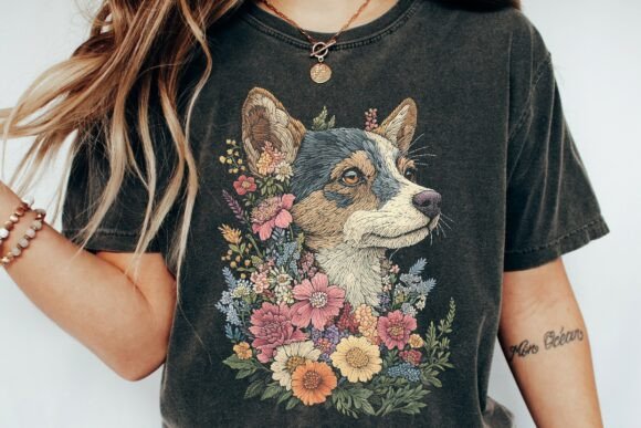 Floral Corgi Embroidery Style Png
