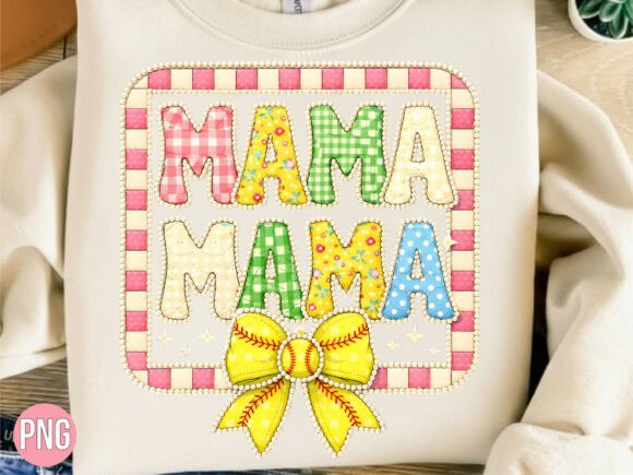 Mama Softball Bow Faux Embroidery PNG