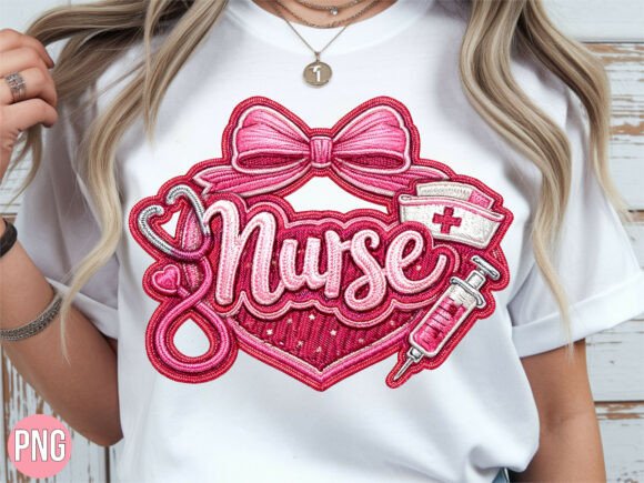 Pink Faux Embroidery Nurse Bow PNG SHIRT