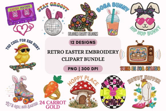 Retro Easter Embroidery Clipart Bundle