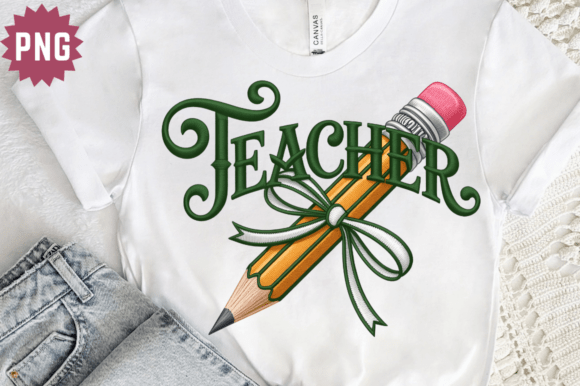 Teacher Faux Embroidery PNG, Stitched Pen